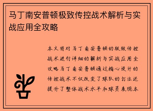 马丁南安普顿极致传控战术解析与实战应用全攻略