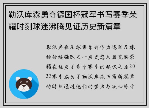 勒沃库森勇夺德国杯冠军书写赛季荣耀时刻球迷沸腾见证历史新篇章