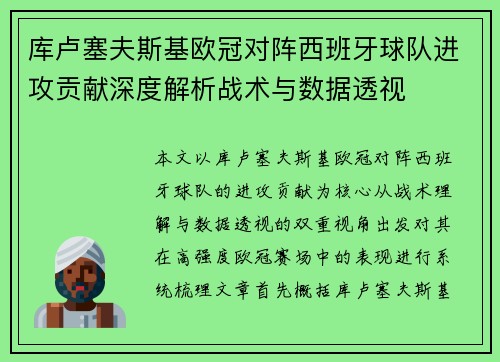 库卢塞夫斯基欧冠对阵西班牙球队进攻贡献深度解析战术与数据透视