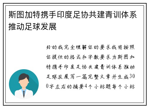 斯图加特携手印度足协共建青训体系推动足球发展
